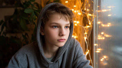 Pensive and sad portrait of thoughtful lonely boy in hoodie looking out window illuminated by soft Christmas light during winter