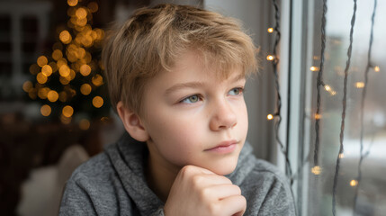 Sad lonely boy portrait waiting by window with Christmas light. Pensive child looking out, thoughtful and contemplative during holiday season home