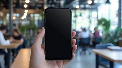 Hand holding phone with blank screen in bright coworking space, showcasing app, digital marketing, or mobile technology solutions with potential