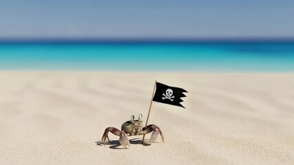 Crab walking on a sandy beach holding a pirate flag, a funny animal marine adventure concept. - Powered by Adobe