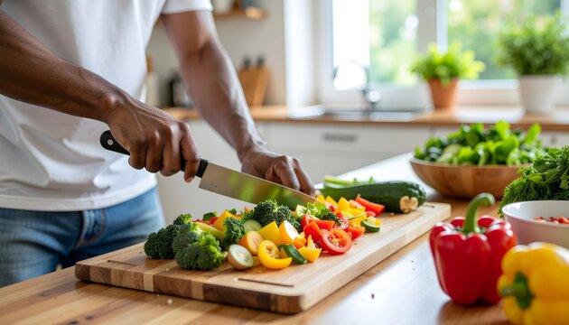 Male hands chopping fresh vegetables on wooden board in kitchen high resolution photo