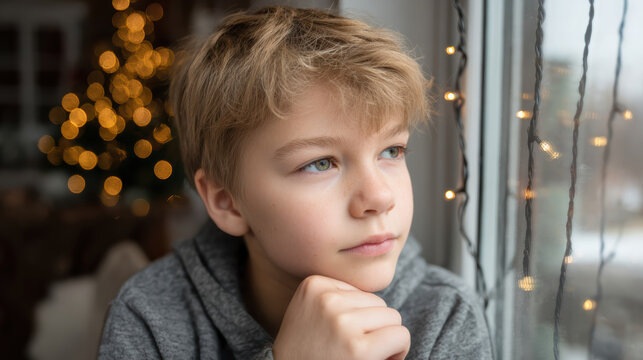 Sad lonely boy portrait waiting by window with Christmas light. Pensive child looking out, thoughtful and contemplative during holiday season home