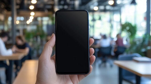 Hand holding phone with blank screen in bright coworking space, showcasing app, digital marketing, or mobile technology solutions with potential