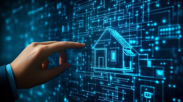 Interactive smart home interface with glowing circuit pattern controlled by a touch, representing home automation and futuristic technology integration