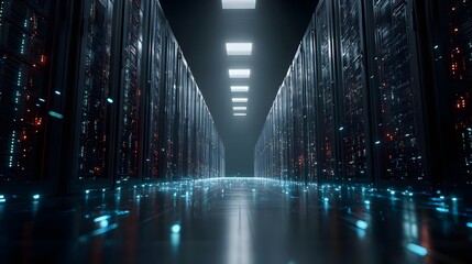 3D render of modern server racks in dark tech room. Concept: modern data center, Internet of Things, digital data flow, network infrastructure, high-tech server environment, futuristic technology, vis