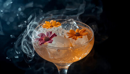Elegant cocktail with edible flowers and ethereal vapor