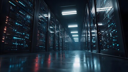 3D render of modern server racks in dark tech room. Concept: modern data center, Internet of Things, digital data flow, network infrastructure, high-tech server environment, futuristic technology, vis