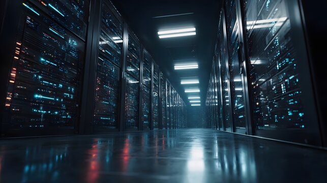 3D render of modern server racks in dark tech room. Concept: modern data center, Internet of Things, digital data flow, network infrastructure, high-tech server environment, futuristic technology, vis - Powered by Adobe