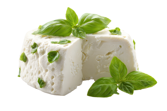 A round, sliced cheese wheel, topped with fresh basil leaves