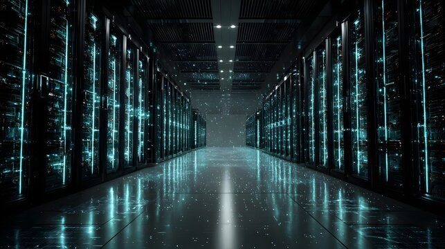 3D render of modern server racks in dark tech room. Concept: modern data center, Internet of Things, digital data flow, network infrastructure, high-tech server environment, futuristic technology, vis