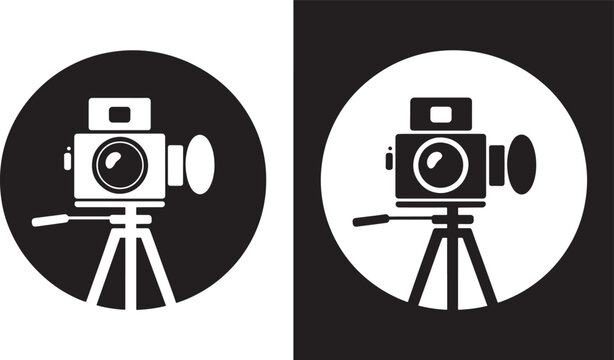 Vintage Camera on Tripod Icons in Black and White Circles video camcorder