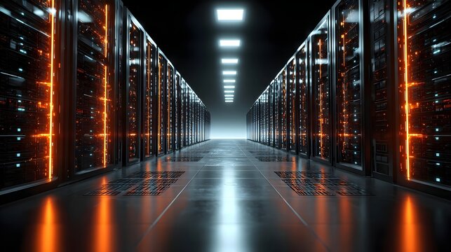 3D render of modern server racks in dark tech room. Concept: modern data center, Internet of Things, digital data flow, network infrastructure, high-tech server environment, futuristic technology, vis