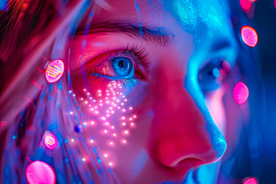 Futuristic portrait of a half human, half robot woman with glowing circuits and cyberpunk aesthetics - Powered by Adobe