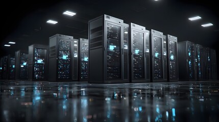 3D render of modern server racks in dark tech room. Concept: modern data center, Internet of Things, digital data flow, network infrastructure, high-tech server environment, futuristic technology, vis