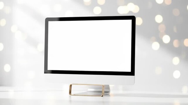 Monitor with blank white screen, on a white surface with bokeh background