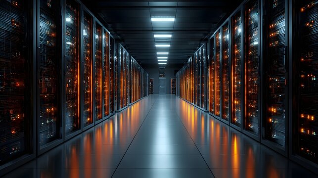 3D render of modern server racks in dark tech room. Concept: modern data center, Internet of Things, digital data flow, network infrastructure, high-tech server environment, futuristic technology, vis