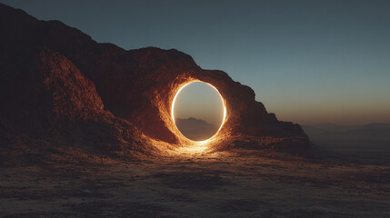 A mesmerizing portal illuminates the twilight landscape, framed by rugged terrain, inviting a journey into the unknown. A gateway to infinite possibilities.