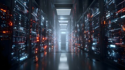 3D render of modern server racks in dark tech room. Concept: modern data center, Internet of Things, digital data flow, network infrastructure, high-tech server environment, futuristic technology, vis