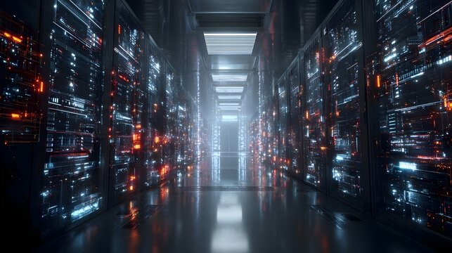 3D render of modern server racks in dark tech room. Concept: modern data center, Internet of Things, digital data flow, network infrastructure, high-tech server environment, futuristic technology, vis