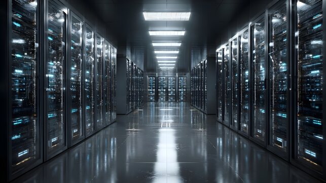 3D render of modern server racks in dark tech room. Concept: modern data center, Internet of Things, digital data flow, network infrastructure, high-tech server environment, futuristic technology, vis