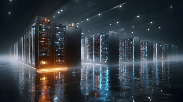 3D render of modern server racks in dark tech room. Concept: modern data center, Internet of Things, digital data flow, network infrastructure, high-tech server environment, futuristic technology, vis