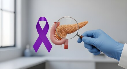 Pancreatic Cancer Awareness Concept Doctor Checking Pancreas Model with Magnifying Glass and Purple Ribbon