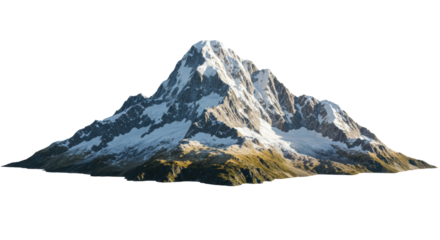 Majestic, hyper-detailed granite peaks capped with pristine snow and glacial ice, floating in a minimalist studio setting with high-key white copy space, conveying immense isolation and natural power.
