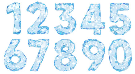 Set of numbers is made of clear faceted ice. 3d illustration isolated on white