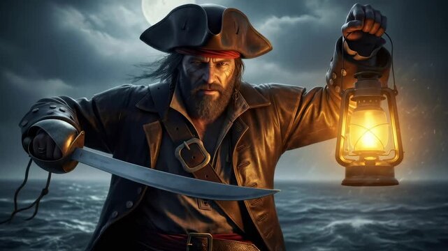 Pirate man on a ship deck with a lantern and cutlass at sea, an adventure with treasure hunting concept.