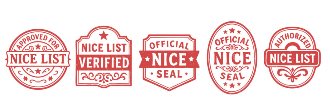 Vintage red rubber nice list approval stamps featuring santa certification labels for holiday graphics