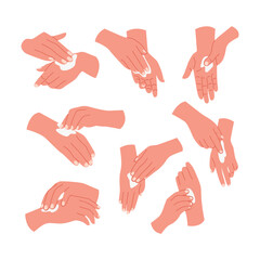 Collection of hands applying cream, illustrating various steps of moisturizing.