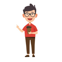 A cartoon illustration of a man with glasses holding a coffee cup and pointing.