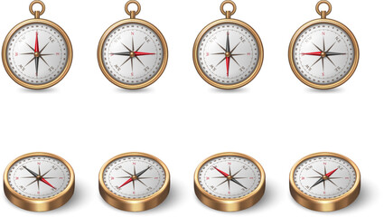 A set of eight compasses, four in a top row and four in a bottom row. © DediGalihWisnumurti