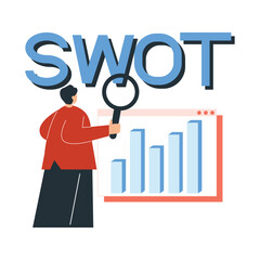 SWOT analysis illustration with a man holding a magnifying glass in front of a bar graph.