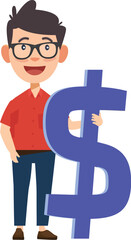 A cartoon man with glasses holding a large blue dollar sign.