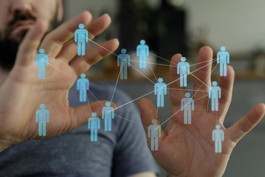 Concept of social network and communication via hologram technology with network of people. Modern digital netw
