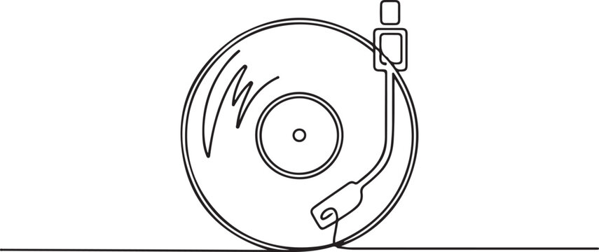 Continuous line drawing of a retro vinyl record with a needle.one line drawing symbolizing classic music and vintage sound. one line Icon drawing with white background