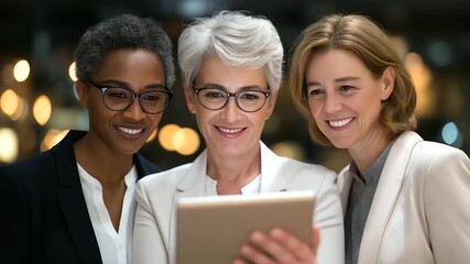 Professional female colleagues discuss a project using a digital tablet, teamwork - Powered by Adobe