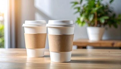 Two Coffee Cups with Sleeves on Wooden Table with Plant and Sunlight