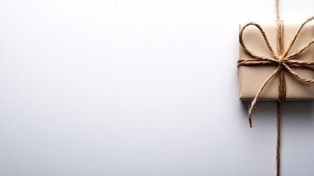 Natural twine bow elegantly adorning a gift on a pristine white background for crafts and celebrations