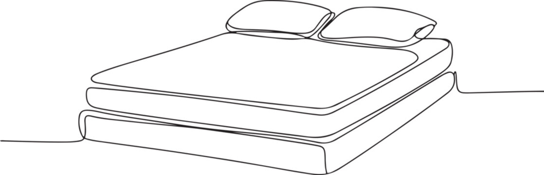 continuous line drawing of bed mattress.one line drawing of mattress with two pillows. single line vector. one line Icon drawing with white background
