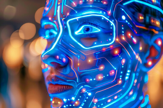 Futuristic portrait of a half human, half robot woman with glowing circuits in cyberpunk style