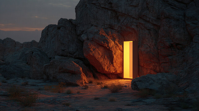 A glowing portal emerging from a rocky terrain, inviting exploration and wonder. The warm light creates a stark contrast against the rough texture of the stones
