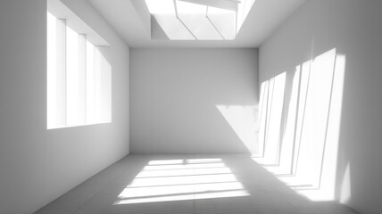 Fototapeta premium Minimal indoor space with white walls, sunlight through skylight