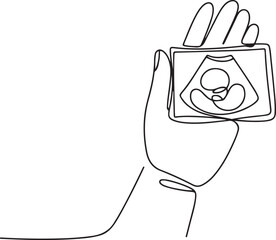 continuous line hand holding ultrasound photo of baby. scan photo of baby in womb. one line Icon drawing with white background