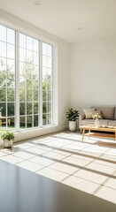 Fototapeta premium Bright, modern workspace with large windows. A cozy sofa and coffee table are present. Sunlight casts shadows on the floor, creating a serene atmosphere.