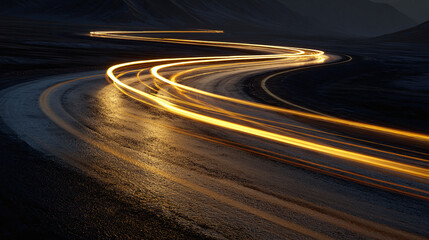 A mesmerizing shot of light trails forming a winding road, suggesting motion and passage. The streaks of light illuminate the asphalt, creating a dynamic visual