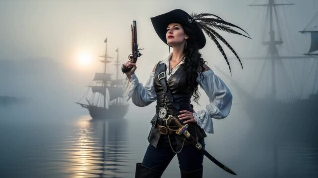 Woman pirate captain holding a pistol on a misty sea with a ship and changing sunlight, adventure fantasy footage