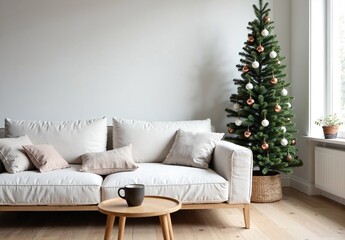 Scandinavian minimalist living room with white linen sofa, Christmas tree with copper baubles, coffee table with steaming mug.