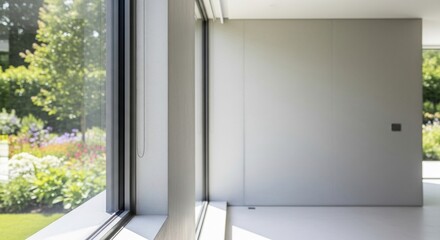 Bright interior space with large windows overlooking a garden. Minimalist design with ample copy space for banners or text. Clean lines and natural light enhance the atmosphere.